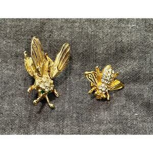 Insect TREMBLER Goldtone Vintage Rhinestone BROOCH and pin set